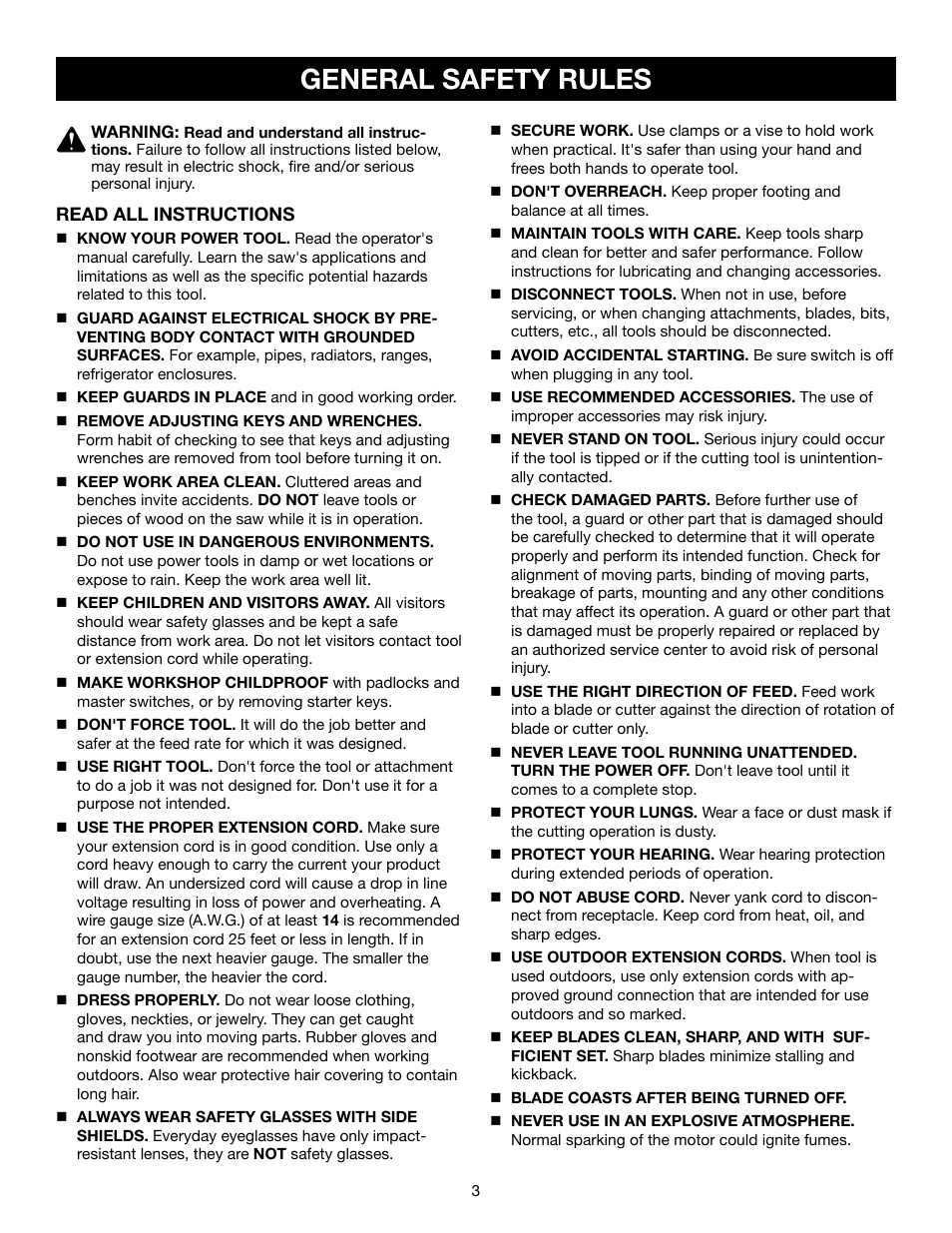 General safety rules | Craftsman 315.21234 User Manual | Page 3 / 42