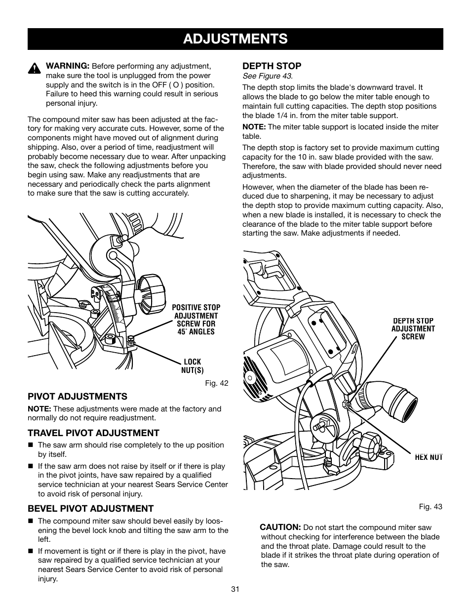 Adjustments | Craftsman 315.21234 User Manual | Page 31 / 42