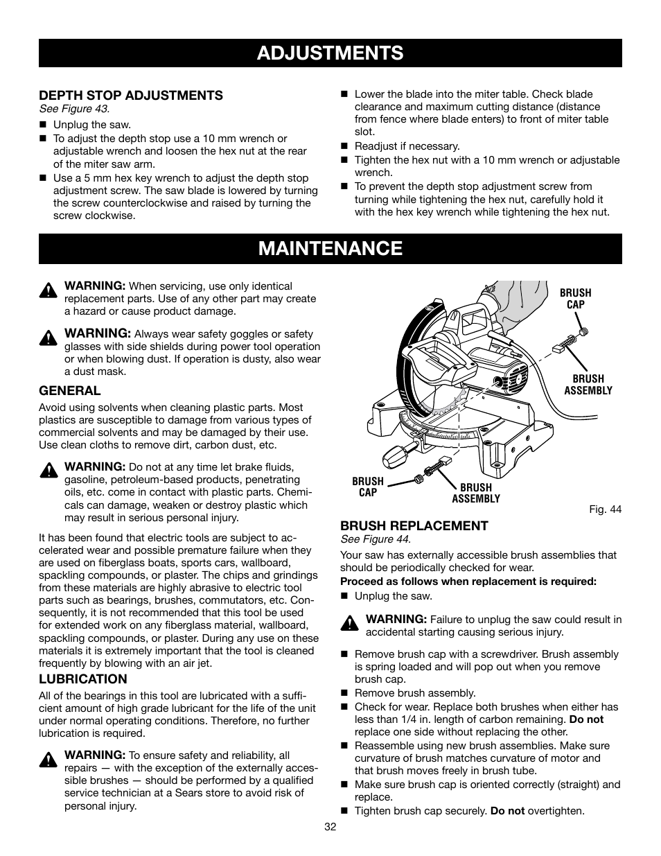 Adjustments, Maintenance | Craftsman 315.21234 User Manual | Page 32 / 42