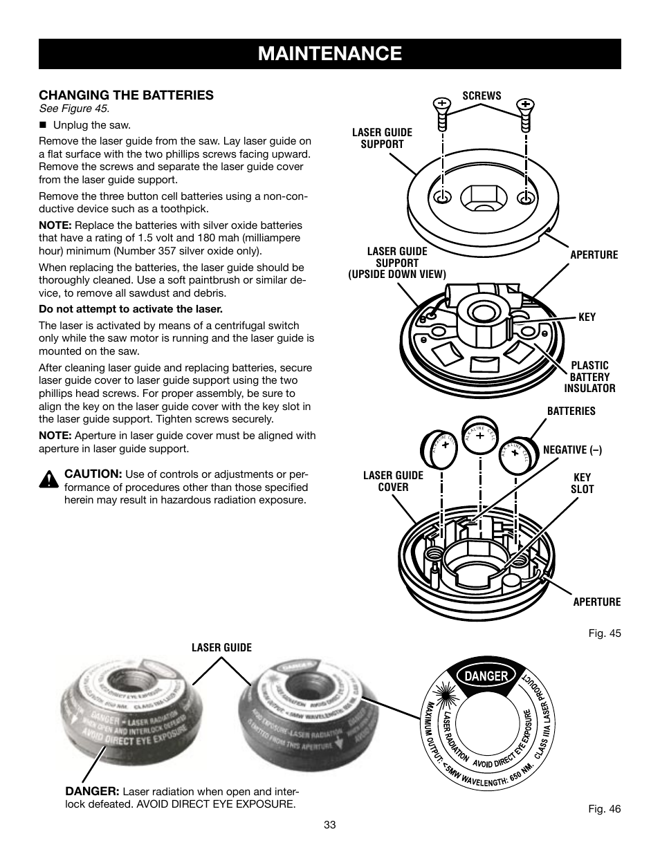 Maintenance, Changing the batteries, Caution | Danger, Fig. 46, Negative (–) laser guide support batteries | Craftsman 315.21234 User Manual | Page 33 / 42