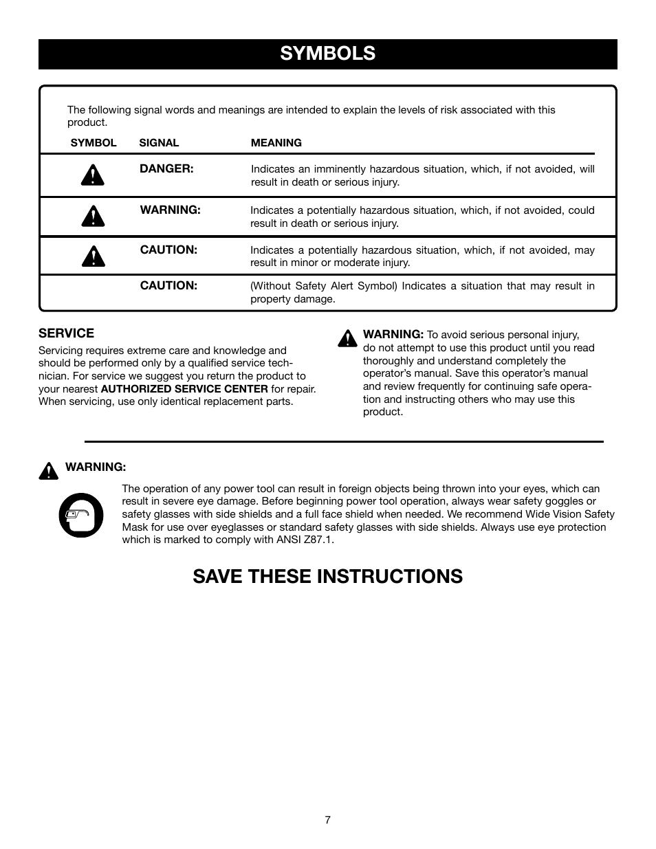 Symbols, Save these instructions | Craftsman 315.21234 User Manual | Page 7 / 42