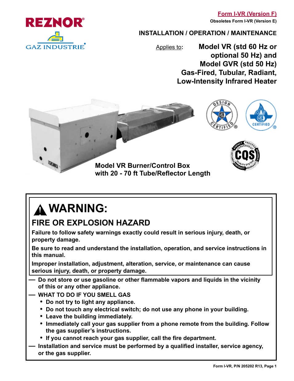 Warning, Fire or explosion hazard, Installation / operation / maintenanc | Reznor VR Unit Installation Manual User Manual | Page 2 / 49