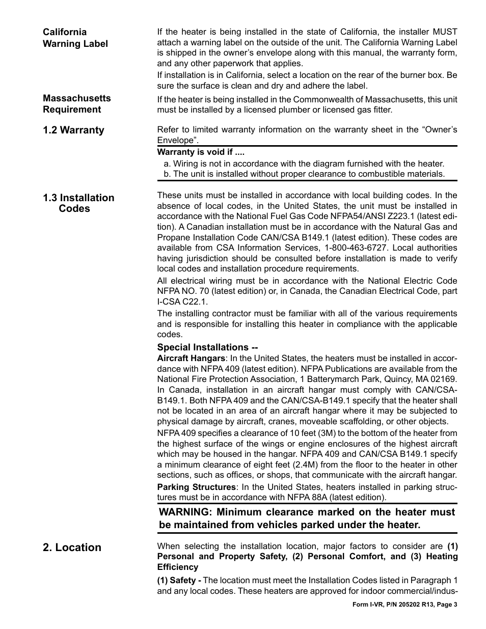 2 warranty 1.3 installation codes, Location -5, Location | Reznor VR Unit Installation Manual User Manual | Page 4 / 49