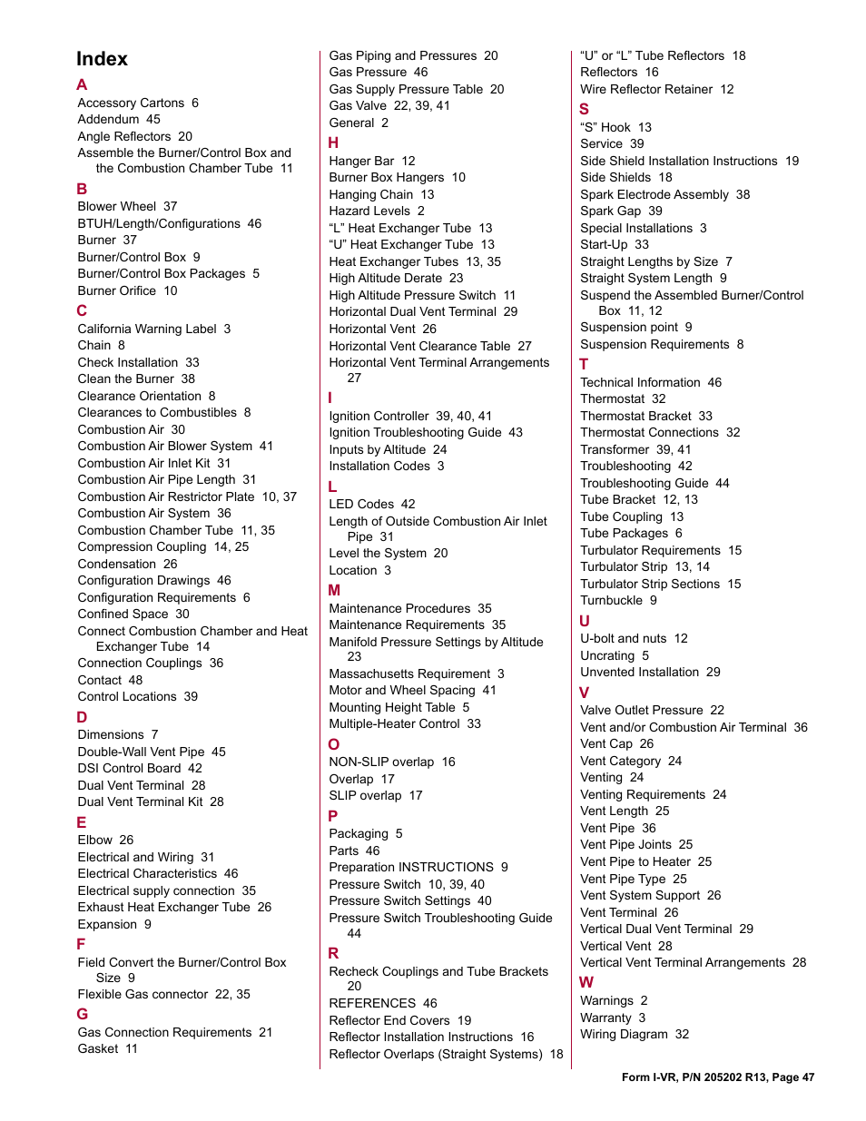 Index | Reznor VR Unit Installation Manual User Manual | Page 48 / 49