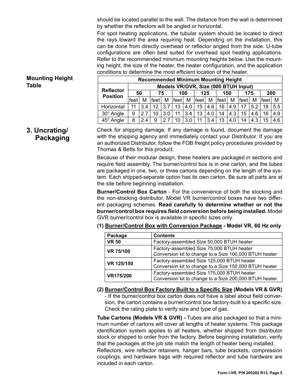 Uncrating/packaging -6, Uncrating/ packaging | Reznor VR Unit Installation Manual User Manual | Page 6 / 49