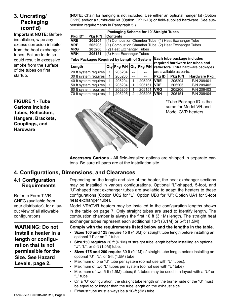 Configurations, dimensions, and, Clearances -8, 1 configuration requirements | Configurations, dimensions, and clearances, Uncrating/ packaging (cont’d) | Reznor VR Unit Installation Manual User Manual | Page 7 / 49