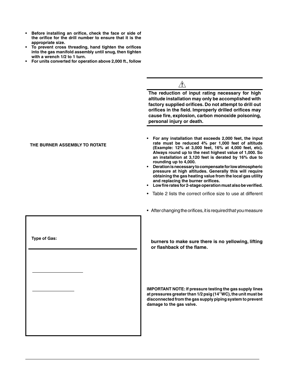 Warning, High altitude deration, Pressure gauge installation | Reznor R6GN Option - Installation - LP Conv Kit User Manual | Page 3 / 8