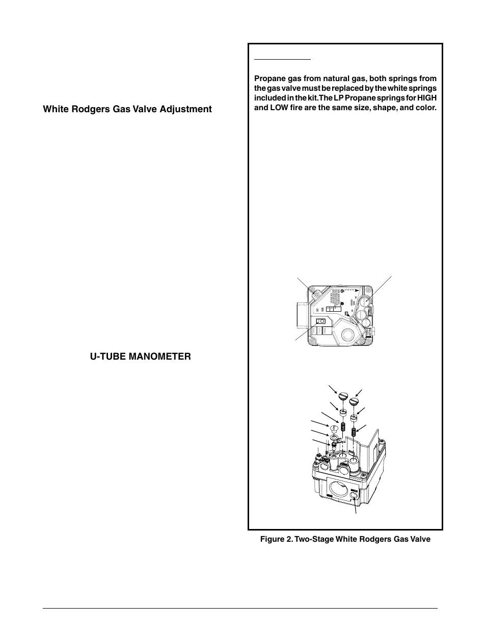 Removing the pressure gauge u-tube manometer, Completing the conversion, Figure 2. two-stage white rodgers gas valve | Reznor R6GN Option - Installation - LP Conv Kit User Manual | Page 5 / 8