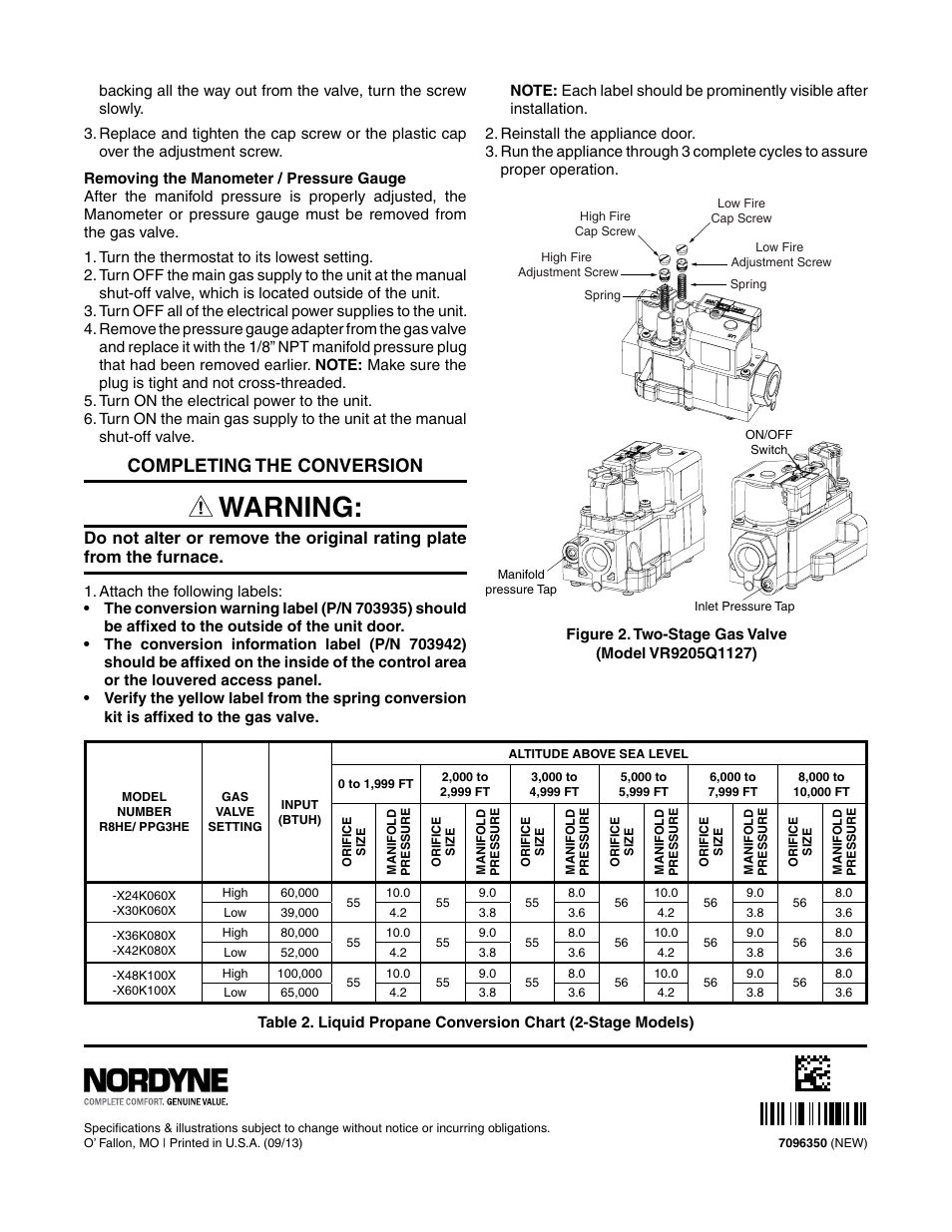 Warning, Completing the conversion | Reznor R8HE Option - Installation - Gas/High Alt. Conv. User Manual | Page 4 / 4