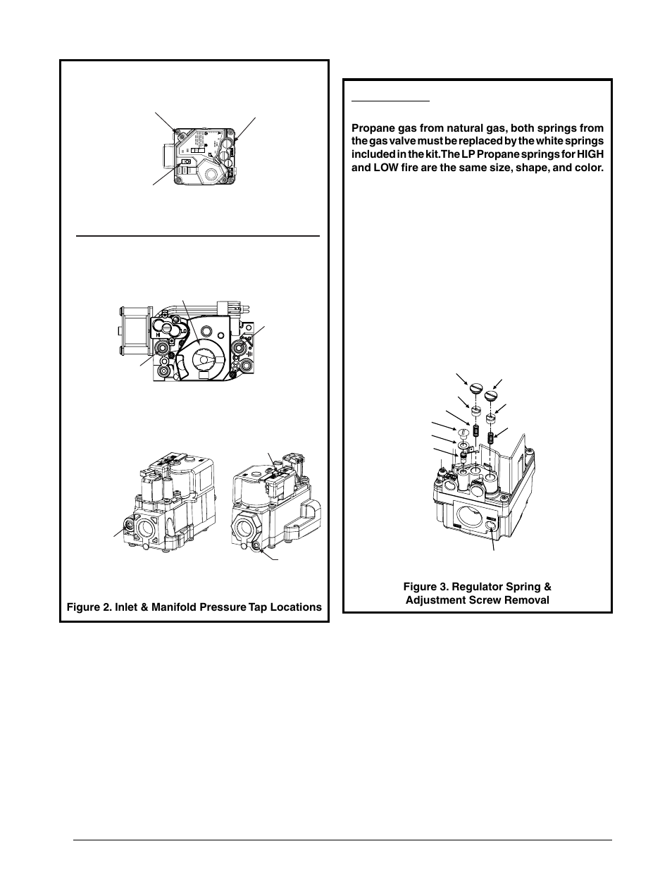 2 - stage white rogers valve, Figure 2. inlet & manifold pressure tap locations | Reznor R6GP Option - Installation - LP Conv User Manual | Page 6 / 8