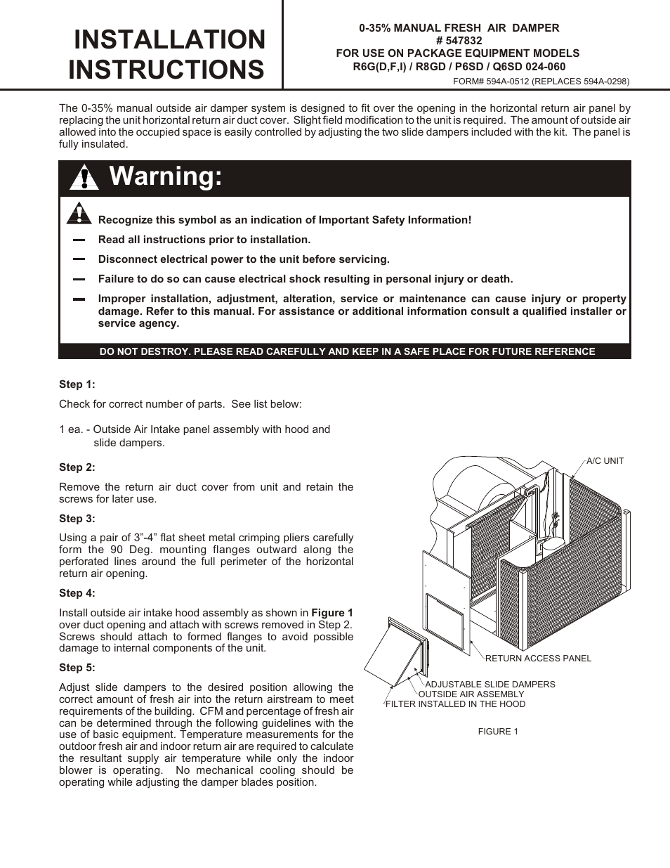 Reznor R6GI Option - Installation - Manual Fresh Air Damper - Light Commerical User Manual | 2 pages