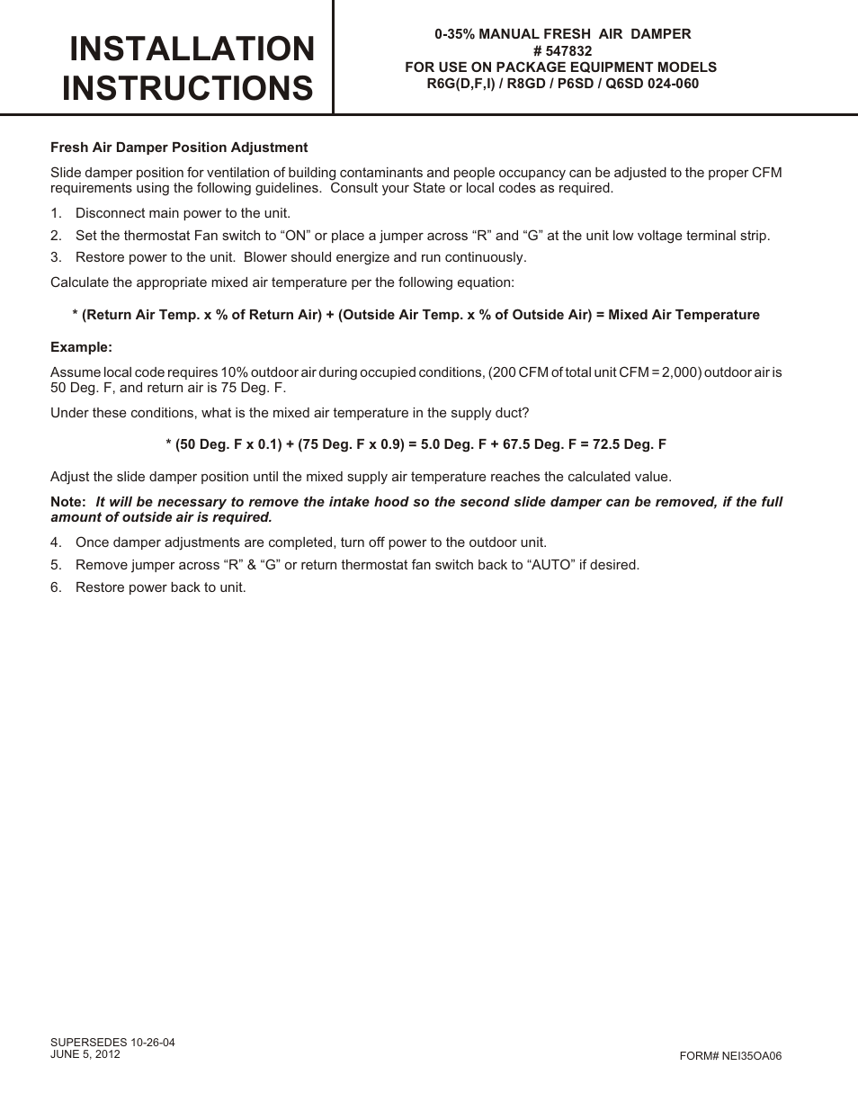 Installation instructions | Reznor R6GI Option - Installation - Manual Fresh Air Damper - Light Commerical User Manual | Page 2 / 2