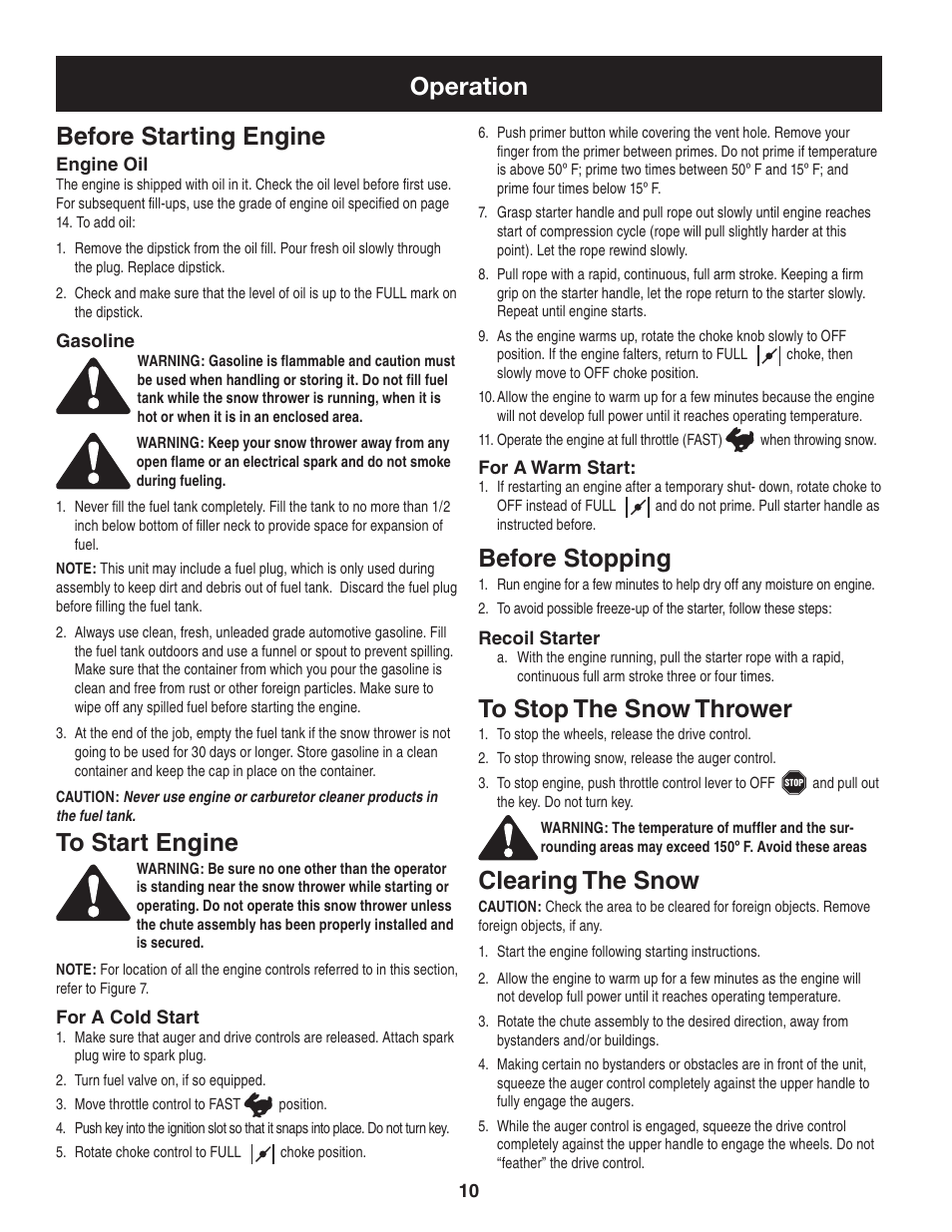 Operation before starting engine, Before stopping, Clearing the snow | Craftsman 247.88455.1 User Manual | Page 10 / 44