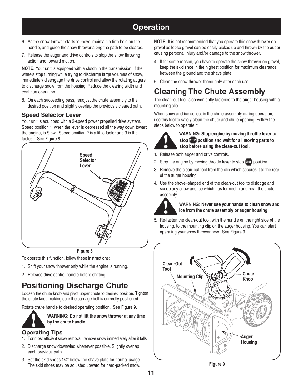 Operation, Positioning discharge chute, Cleaning the chute assembly | Craftsman 247.88455.1 User Manual | Page 11 / 44