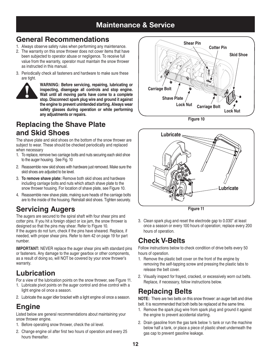 Maintenance & service general recommendations, Replacing the shave plate and skid shoes, Servicing augers | Lubrication, Engine, Check v-belts, Replacing belts | Craftsman 247.88455.1 User Manual | Page 12 / 44