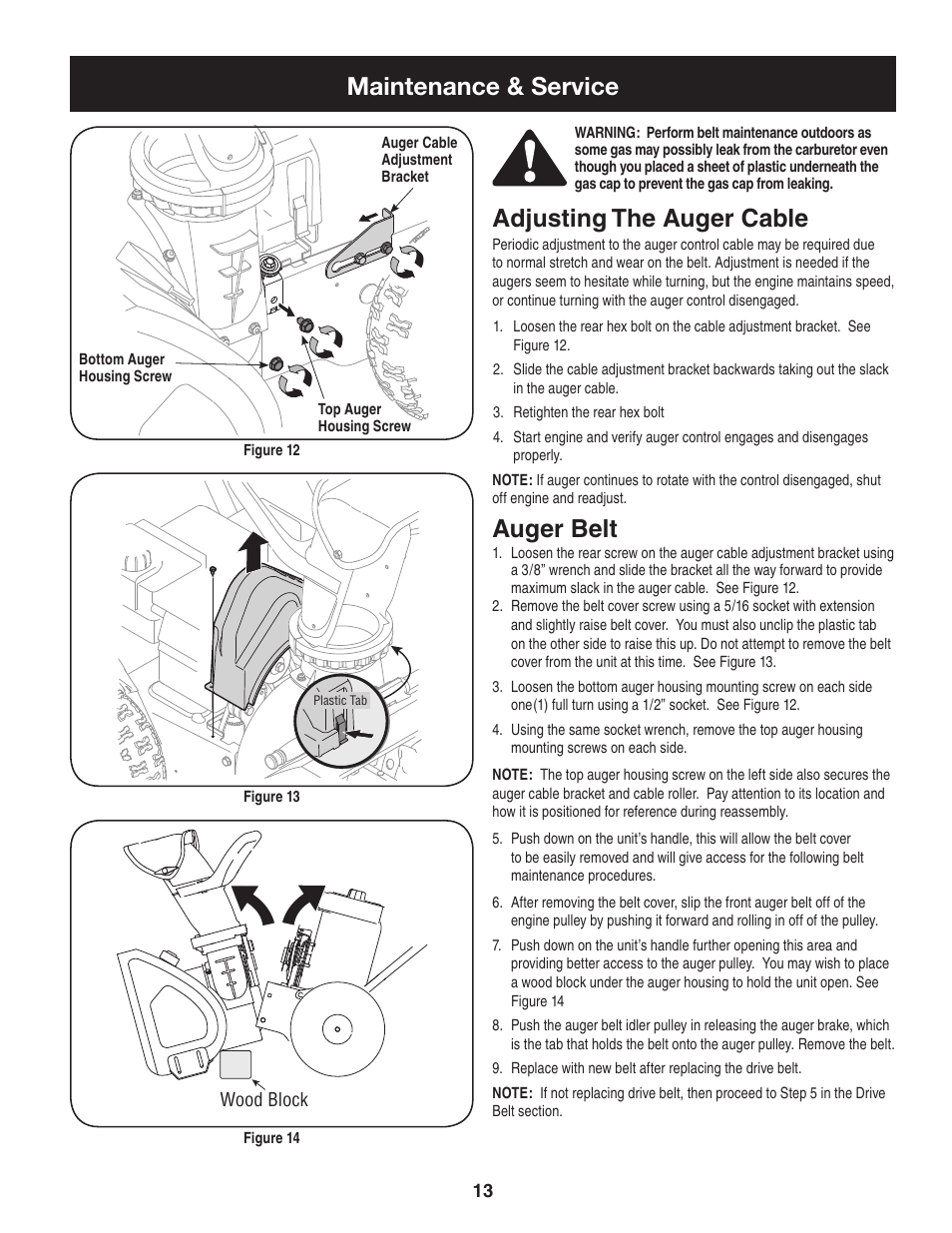 Maintenance & service, Adjusting the auger cable, Auger belt | Craftsman 247.88455.1 User Manual | Page 13 / 44