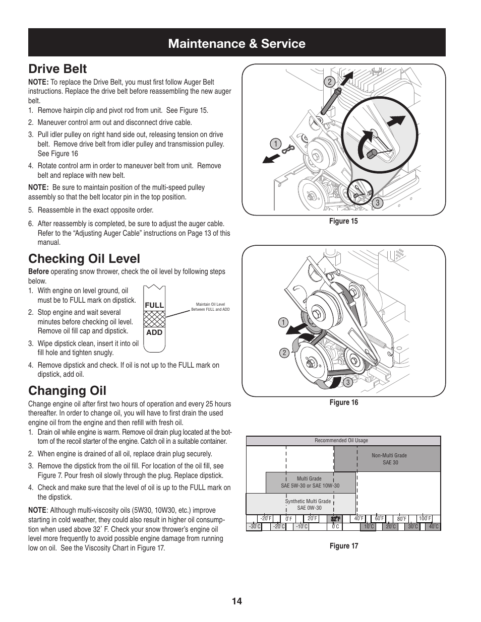 Maintenance & service drive belt, Checking oil level, Changing oil | Craftsman 247.88455.1 User Manual | Page 14 / 44