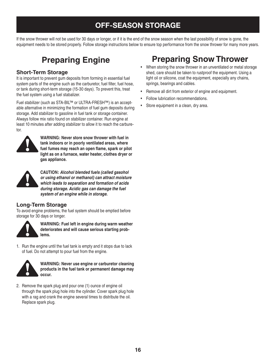 Preparing engine, Preparing snow thrower, Off-season storage | Craftsman 247.88455.1 User Manual | Page 16 / 44