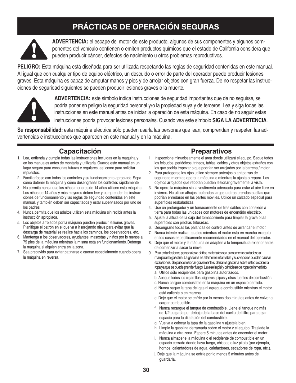 Prácticas de operación seguras, Capacitación, Preparativos | Craftsman 247.88455.1 User Manual | Page 30 / 44