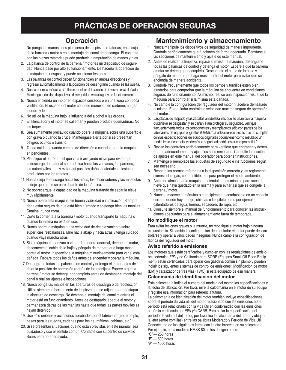 Prácticas de operación seguras, Operación, Mantenimiento y almacenamiento | Craftsman 247.88455.1 User Manual | Page 31 / 44