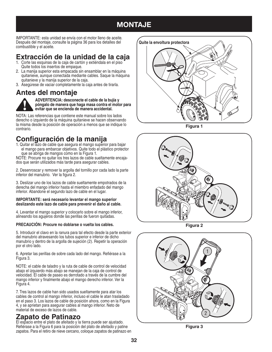 Montaje, Extracción de la unidad de la caja, Antes del montaje | Configuración de la manija, Zapato de patinazo | Craftsman 247.88455.1 User Manual | Page 32 / 44