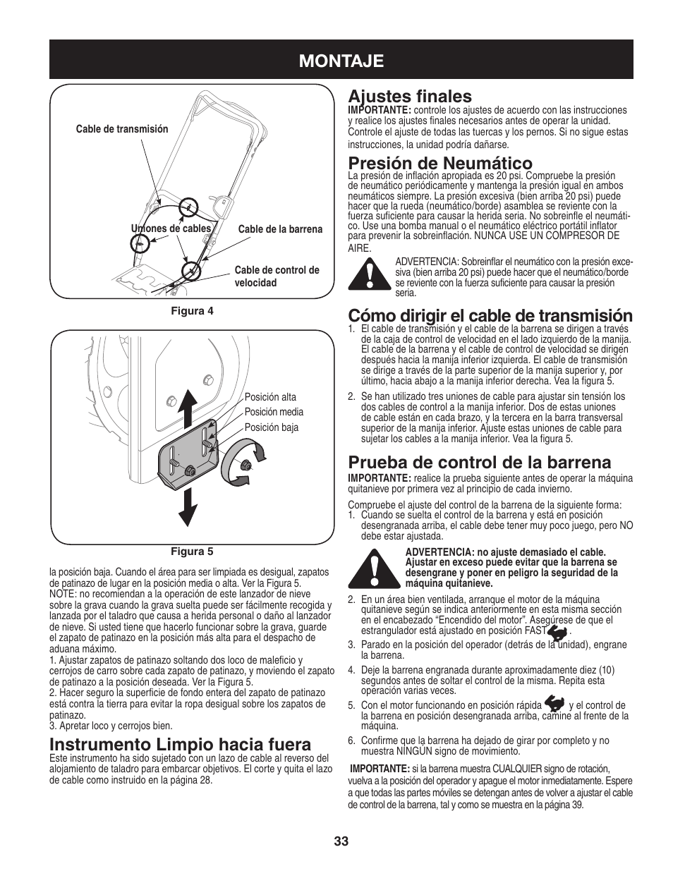 Montaje ajustes finales, Presión de neumático, Cómo dirigir el cable de transmisión | Prueba de control de la barrena, Instrumento limpio hacia fuera | Craftsman 247.88455.1 User Manual | Page 33 / 44