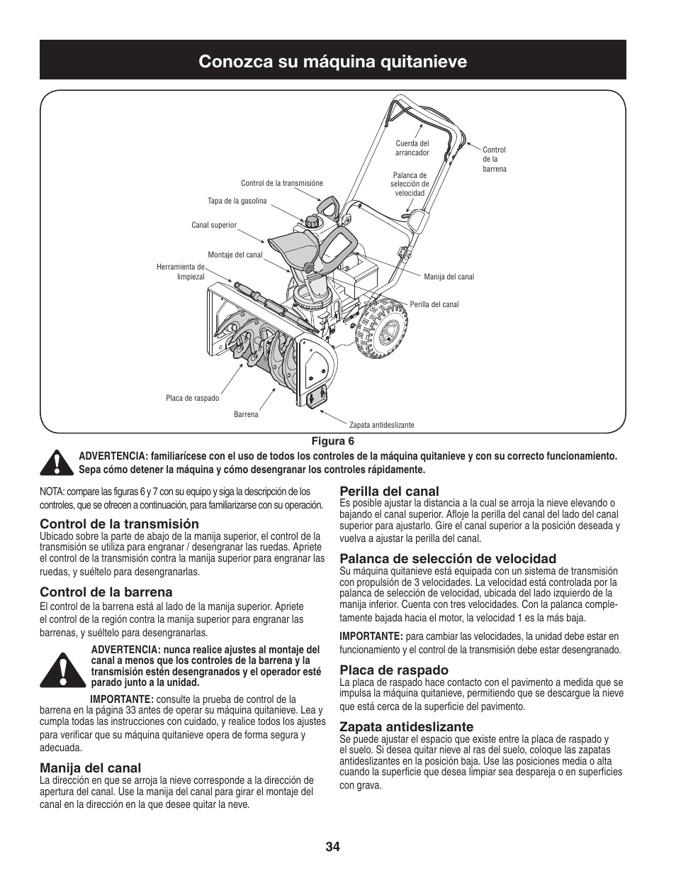 Conozca su máquina quitanieve, Control de la transmisión, Control de la barrena | Manija del canal, Perilla del canal, Palanca de selección de velocidad, Placa de raspado, Zapata antideslizante | Craftsman 247.88455.1 User Manual | Page 34 / 44