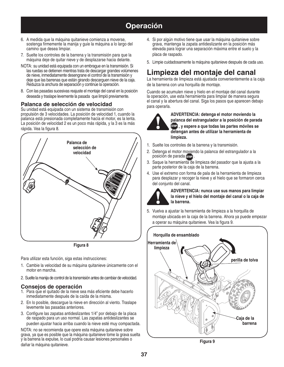 Operación, Limpieza del montaje del canal | Craftsman 247.88455.1 User Manual | Page 37 / 44