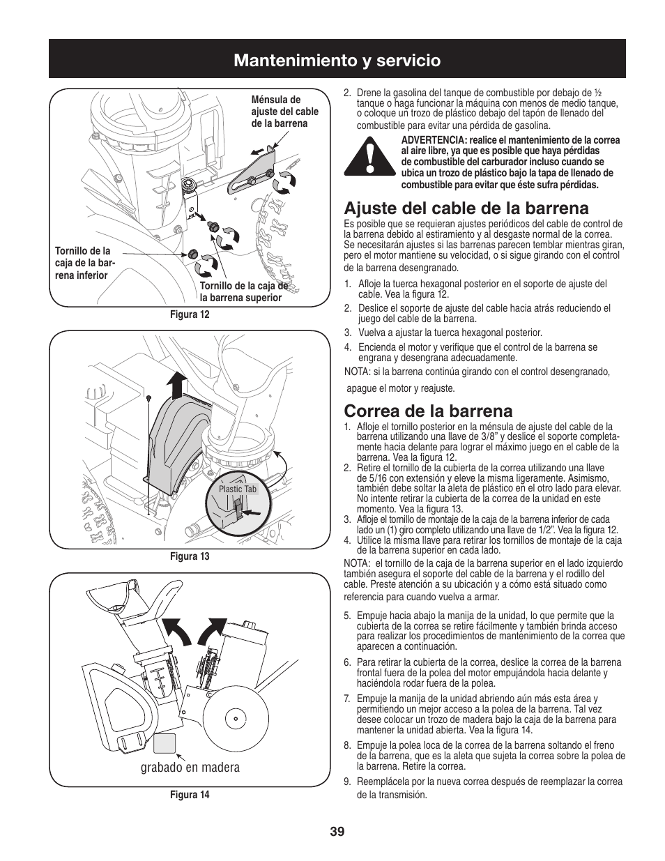 Mantenimiento y servicio, Ajuste del cable de la barrena, Correa de la barrena | Craftsman 247.88455.1 User Manual | Page 39 / 44