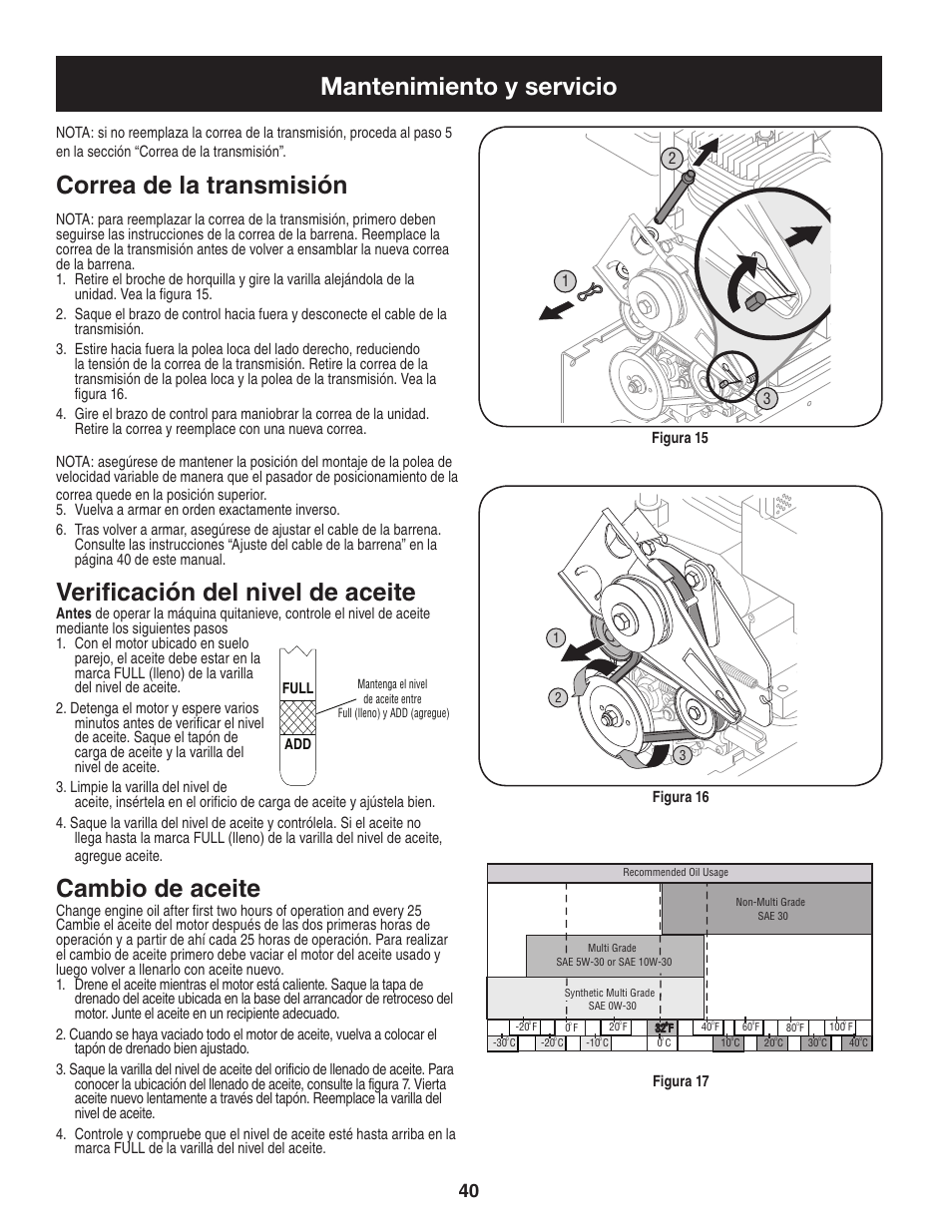 Mantenimiento y servicio, Correa de la transmisión, Verificación del nivel de aceite | Cambio de aceite | Craftsman 247.88455.1 User Manual | Page 40 / 44