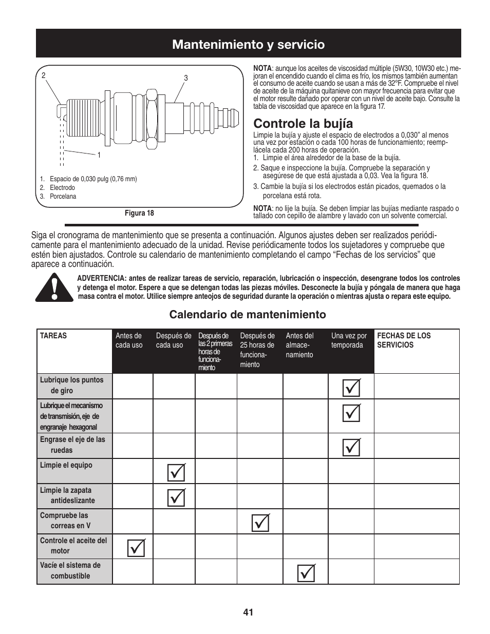 Mantenimiento y servicio, Controle la bujía | Craftsman 247.88455.1 User Manual | Page 41 / 44