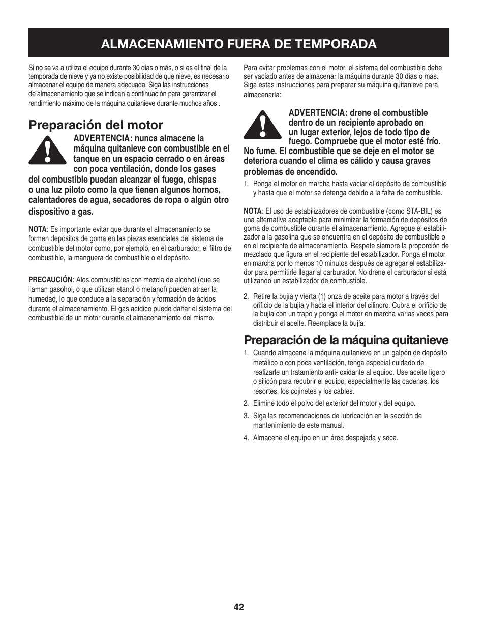 Almacenamiento fuera de temporada, Preparación del motor, Preparación de la máquina quitanieve | Craftsman 247.88455.1 User Manual | Page 42 / 44