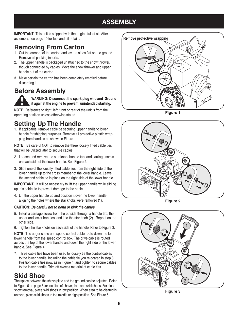 Assembly, Removing from carton, Before assembly | Setting up the handle, Skid shoe | Craftsman 247.88455.1 User Manual | Page 6 / 44