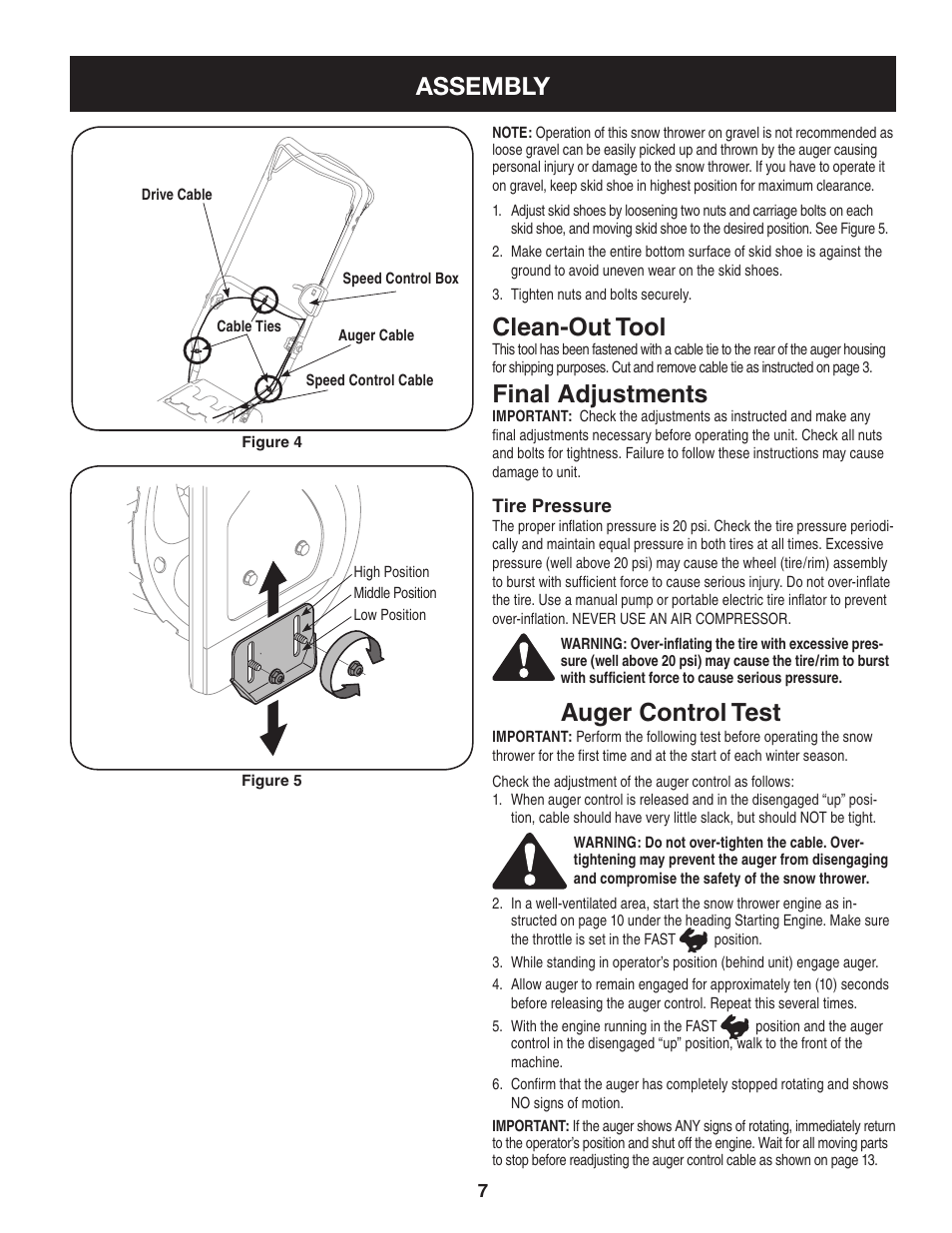 Assembly, Clean-out tool, Final adjustments | Auger control test | Craftsman 247.88455.1 User Manual | Page 7 / 44