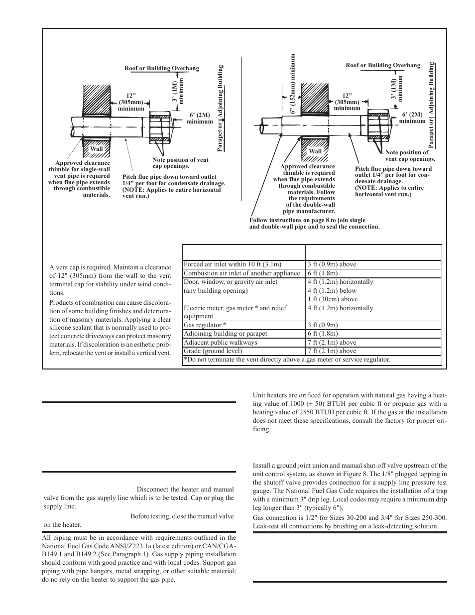 Gas piping and pressures, Horizontal vent terminal clearances | Reznor FT Unit Installation Manual User Manual | Page 10 / 21