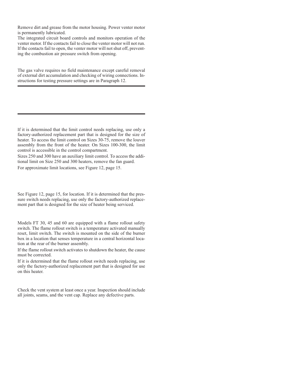 Venter motor, Operating gas valve, Limit control | Combustion air pressure switch, Flame rollout switch, Vent system | Reznor FT Unit Installation Manual User Manual | Page 19 / 21