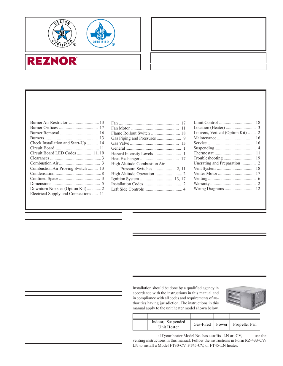 Model ft gas-fired, power-vented unit heaters, General | Reznor FT Unit Installation Manual User Manual | Page 2 / 21
