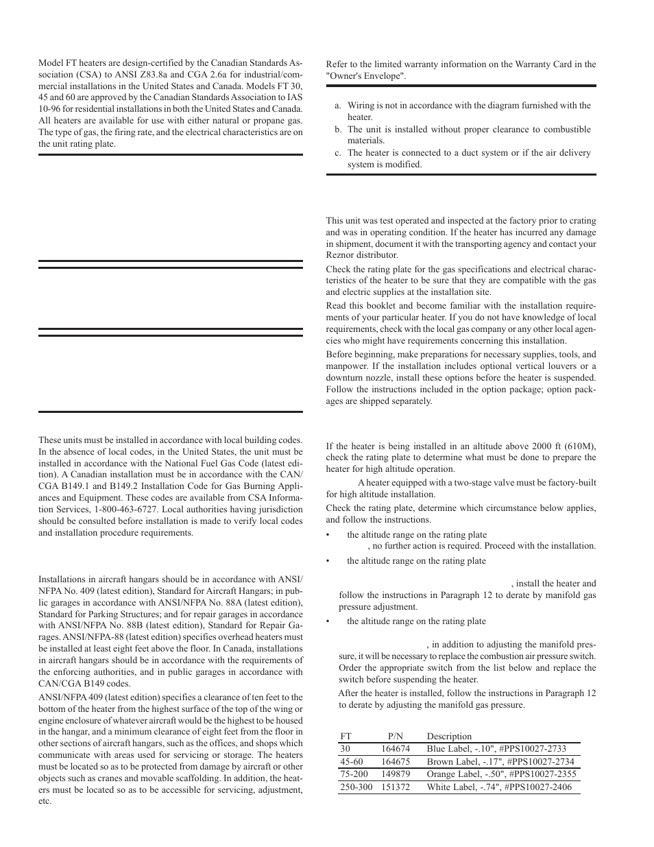 General (cont'd), Installation codes, Warranty | Uncrating and preparation, High altitude operation | Reznor FT Unit Installation Manual User Manual | Page 3 / 21