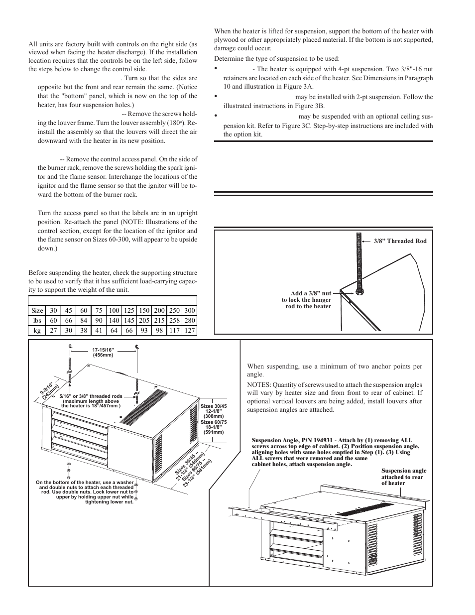 Left side controls, Suspending the heater | Reznor FT Unit Installation Manual User Manual | Page 5 / 21