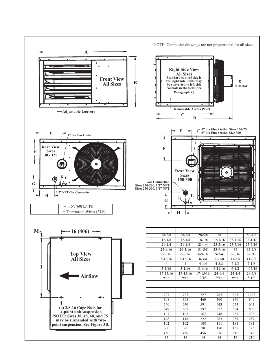 Dimensions, Model ft dimensions (inches and mm), Afront view all sizes | Reznor FT Unit Installation Manual User Manual | Page 6 / 21
