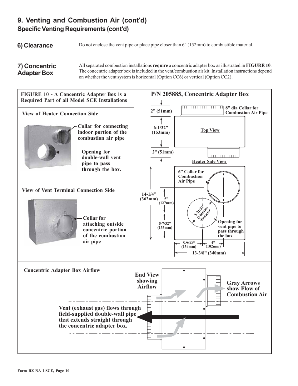 Venting and combustion air (cont'd), 6) clearance, 7) concentric adapter box | Specific venting requirements (cont'd) | Reznor SCE Unit Installation Manual User Manual | Page 10 / 36
