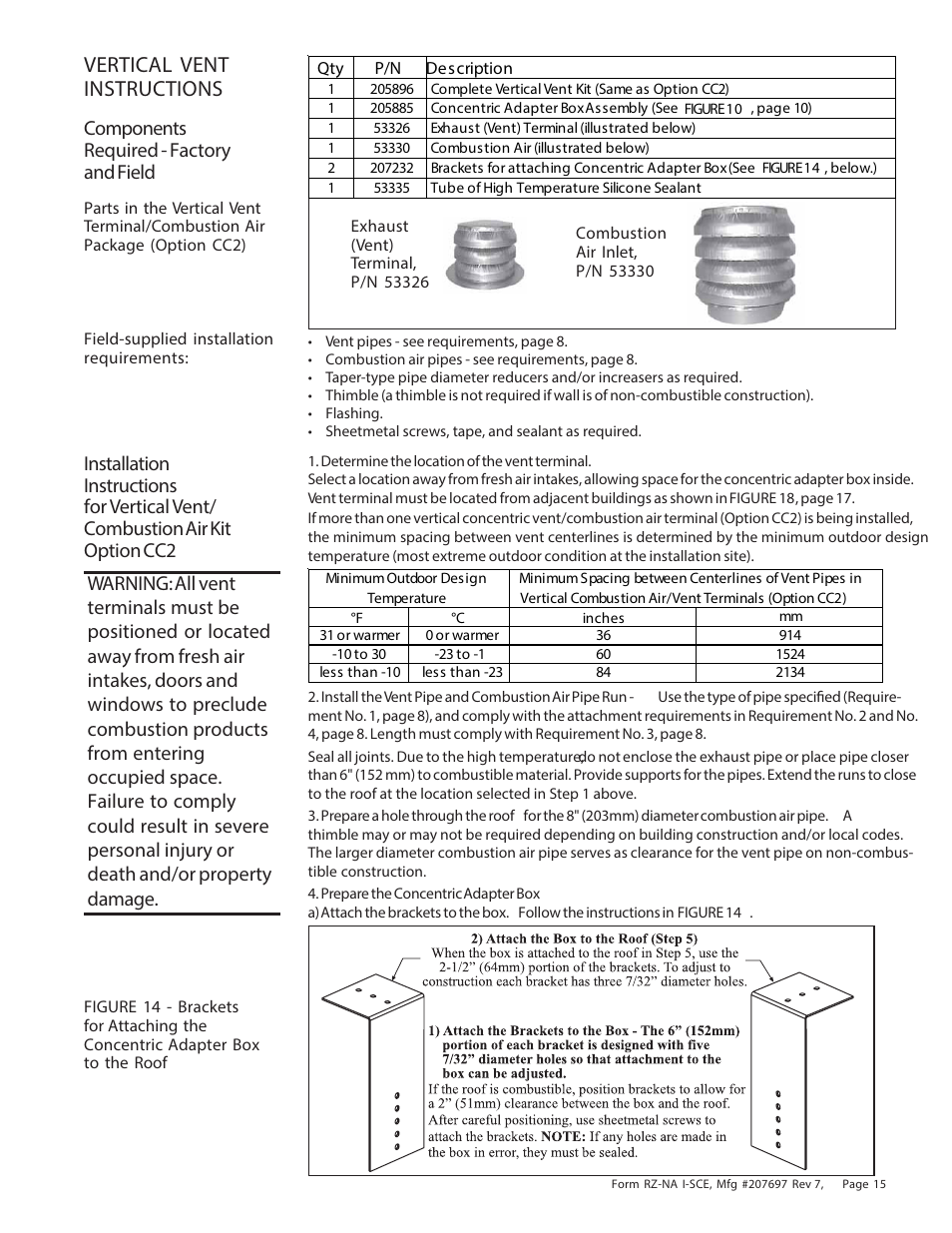 Vertical vent instructions, Components required - factory and field | Reznor SCE Unit Installation Manual User Manual | Page 15 / 36