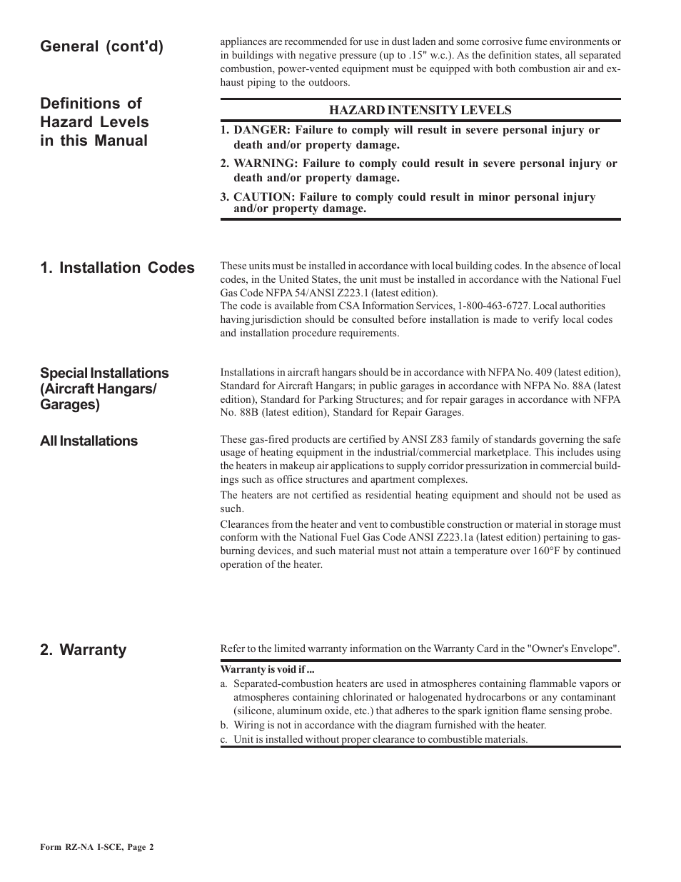 General (cont'd) 2. warranty 1. installation codes, Definitions of hazard levels in this manual, Special installations (aircraft hangars/ garages) | All installations | Reznor SCE Unit Installation Manual User Manual | Page 2 / 36