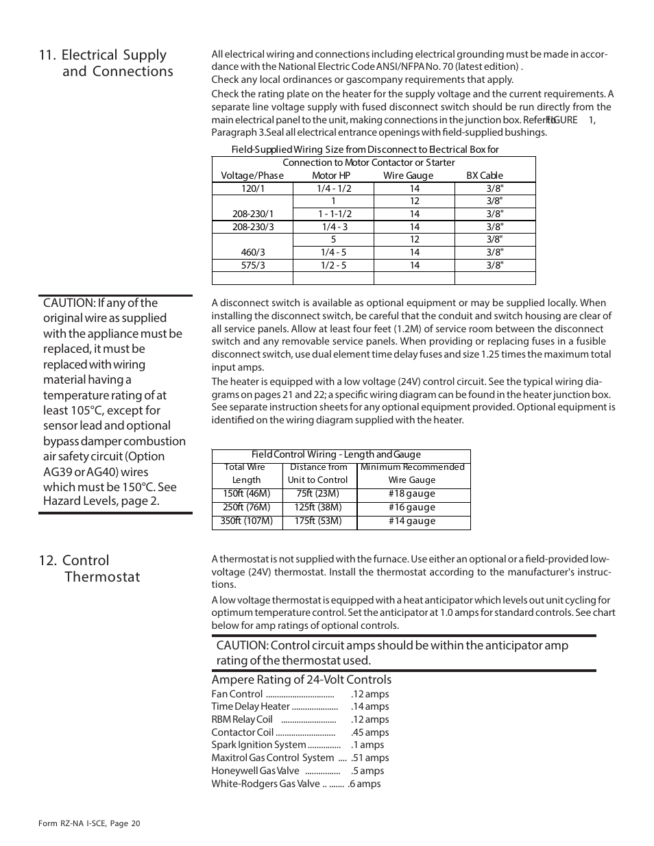 Electrical supply and connections, Control thermostat | Reznor SCE Unit Installation Manual User Manual | Page 20 / 36