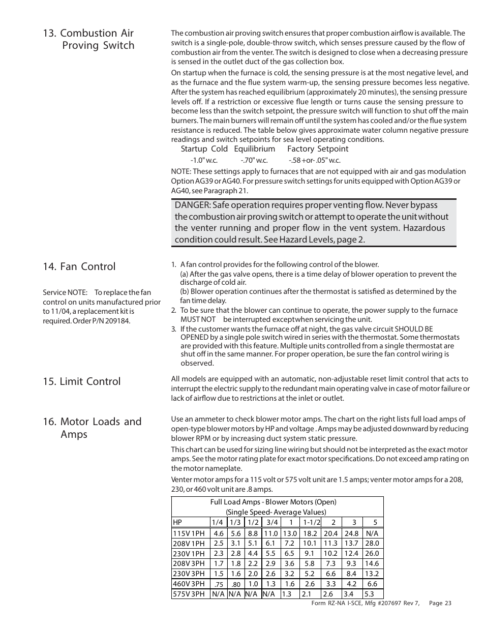 Combustion air proving switch, Fan control, Limit control | Motor loads and amps | Reznor SCE Unit Installation Manual User Manual | Page 23 / 36