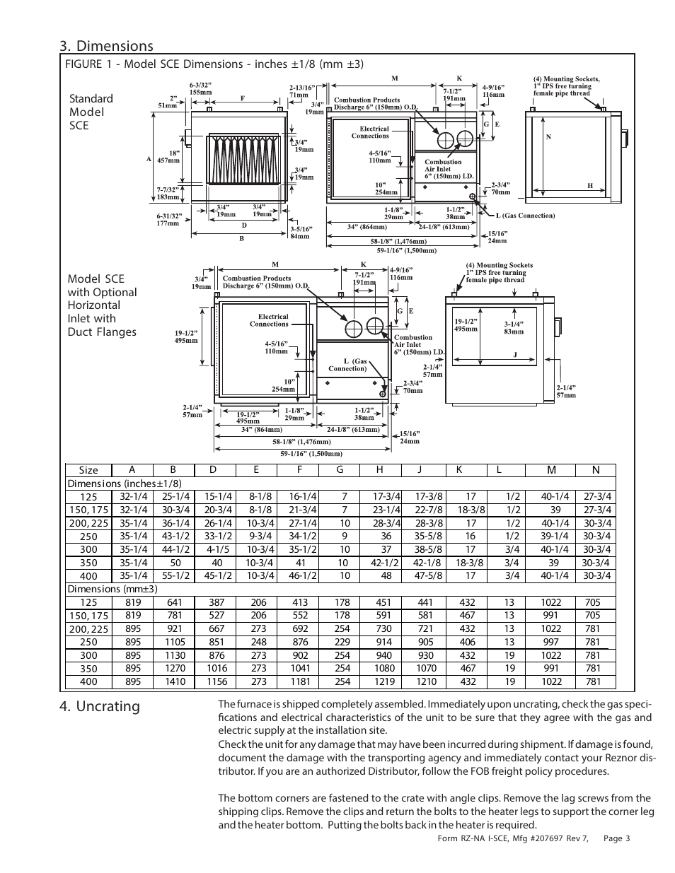 Dimensions 4. uncrating | Reznor SCE Unit Installation Manual User Manual | Page 3 / 36