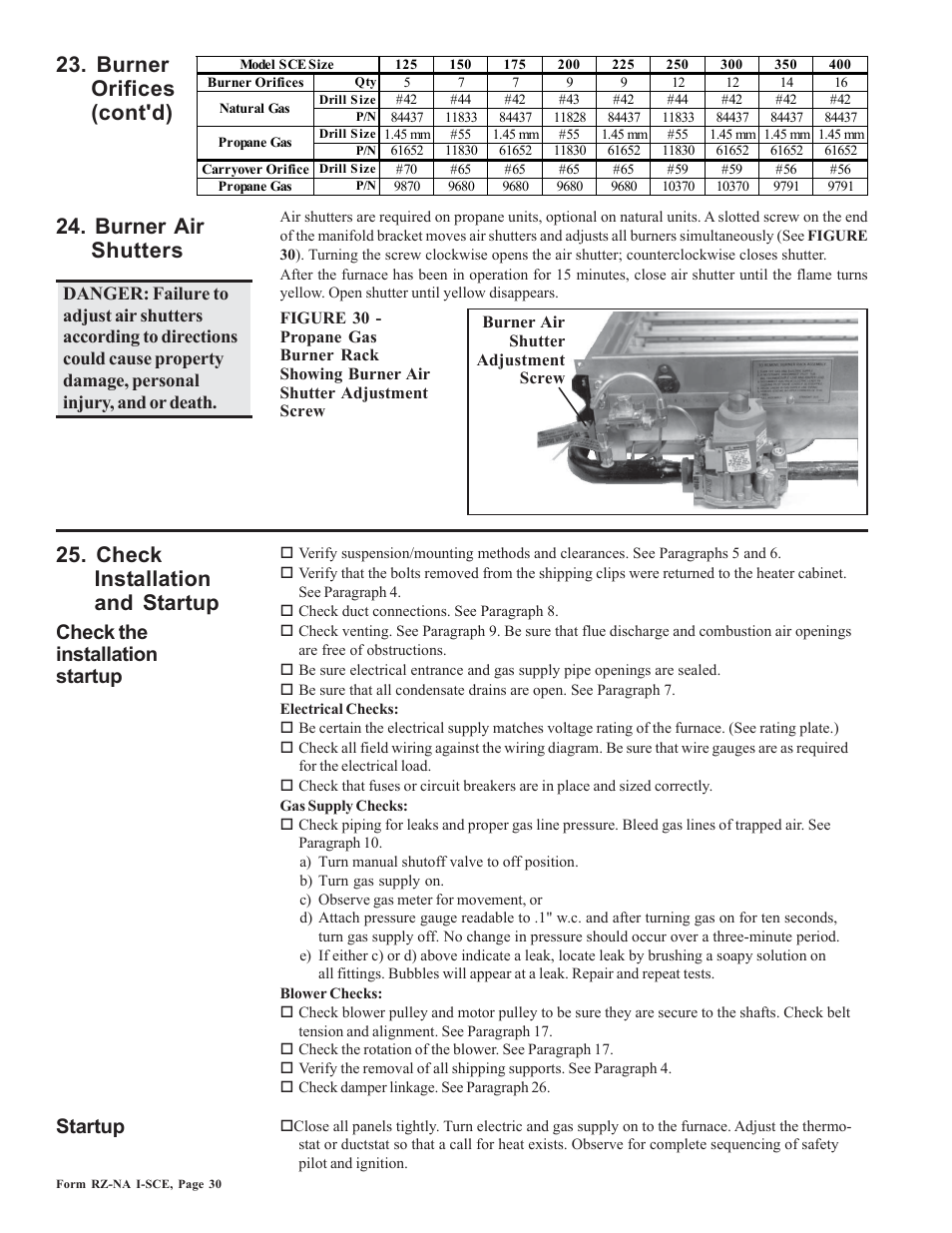 Check installation and startup, Burner orifices (cont'd) 24. burner air shutters, Check the installation prior to startup | Startup | Reznor SCE Unit Installation Manual User Manual | Page 30 / 36