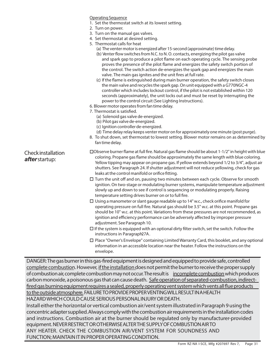 Check installation after startup | Reznor SCE Unit Installation Manual User Manual | Page 31 / 36