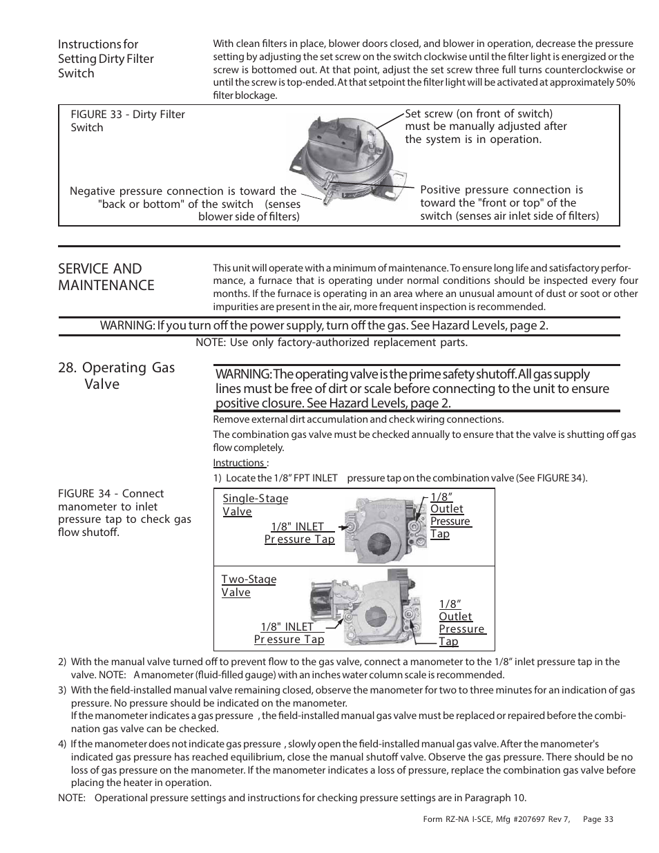 Service and maintenance, Operating gas valve | Reznor SCE Unit Installation Manual User Manual | Page 33 / 36