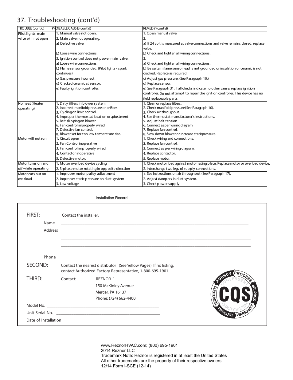 Troubleshooting (cont'd), First, Second | Third | Reznor SCE Unit Installation Manual User Manual | Page 36 / 36